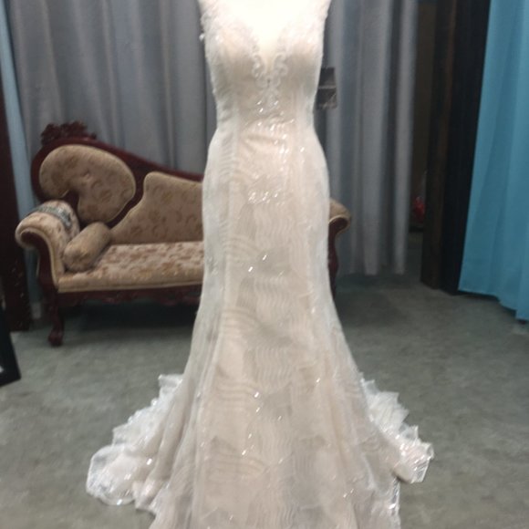 Kenneth Winston New BLING Wedding Dress, Light Gold, SEQUINS, Illusion Fit&Flare - Picture 8 of 13